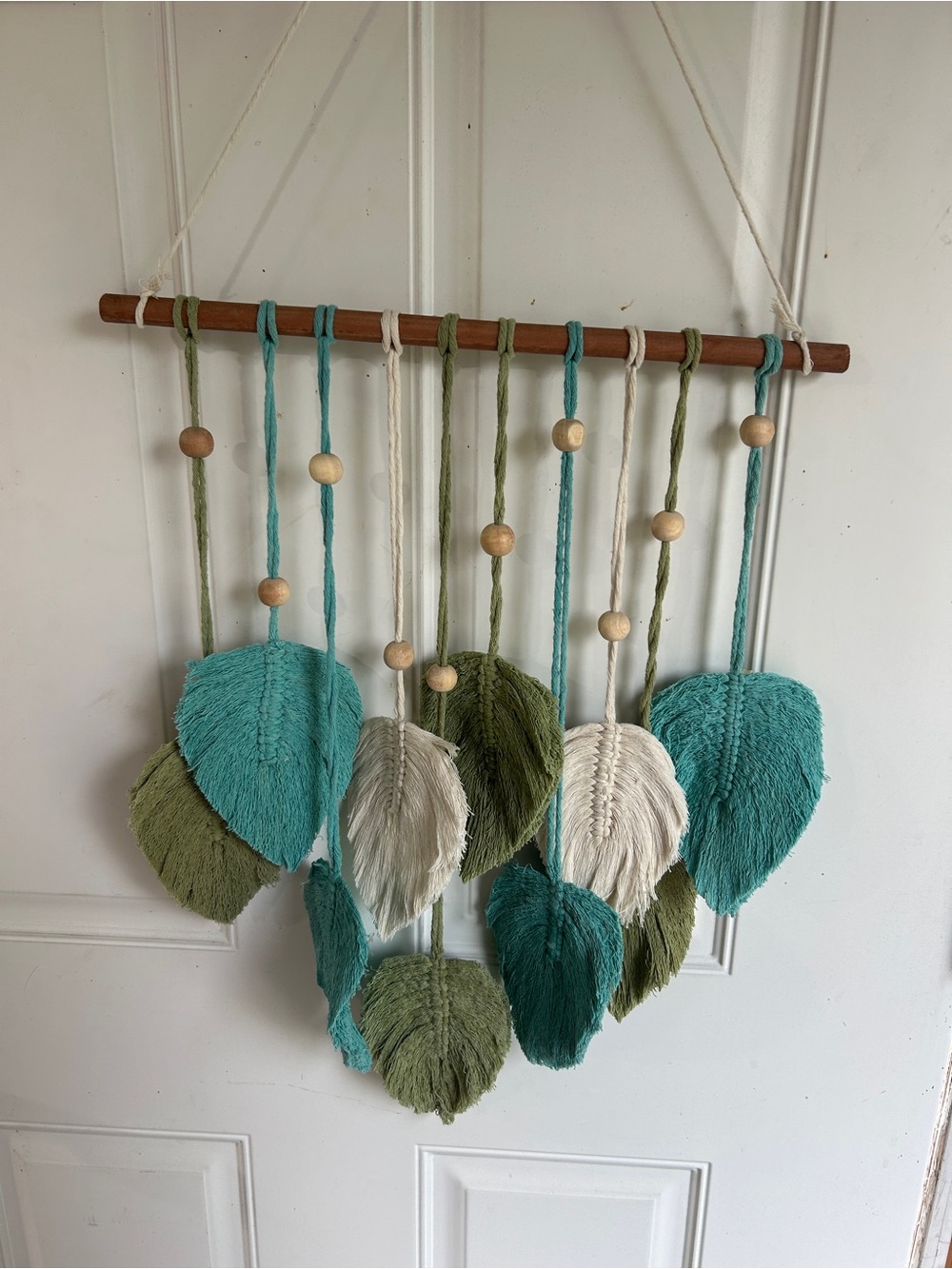 Teal, Olive & Cream Macrame Leaf Wall Hanging